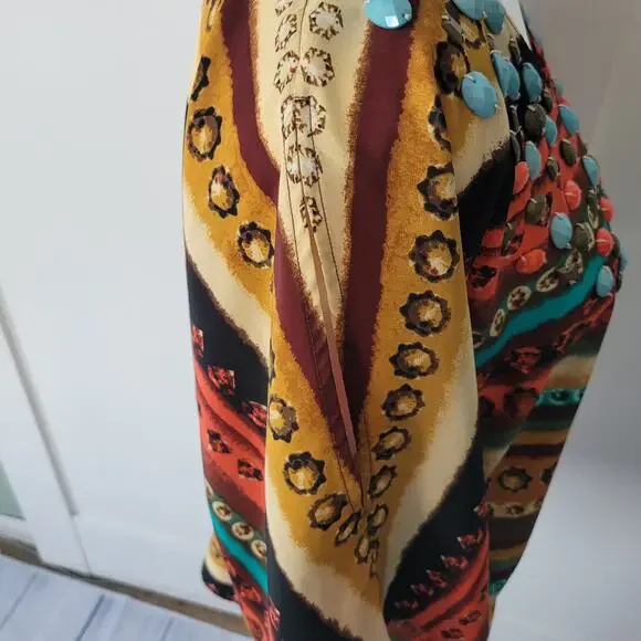 Chico's Size 1 US M Southwest Art to Wear Rock Embellished Gathered Waist Top - Picture 4 of 11